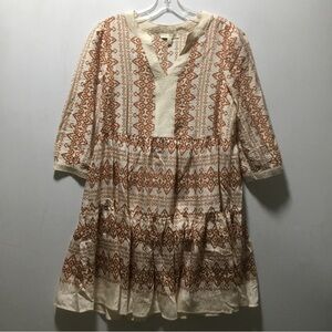 Fig & Flower S Beige Rust Boho Print Tiered Tunic Dress Anthropology Loose NWT